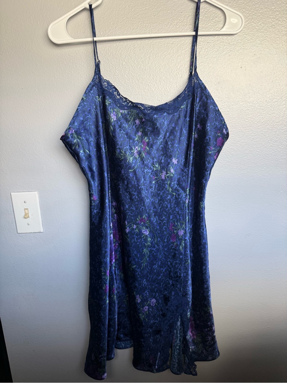 Navy Floral Satin Slip Chemise with Lace Trim